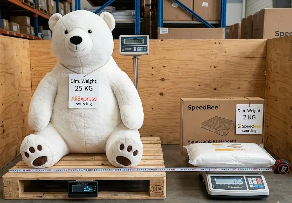 Comparación visual del peso volumétrico y el peso real en la logística del comercio electrónico: peluches y espuma de alta densidad