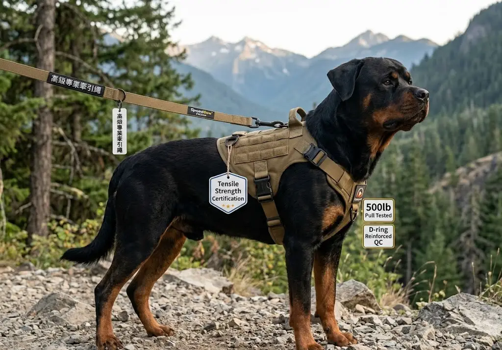 Arnés táctico para perros de alta calidad mostrado en un perro de raza grande en un entorno de vida al aire libre.