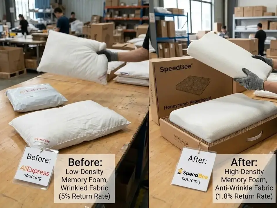 Comparación que muestra la mejora en fábrica de los materiales para reducir las tasas de devolución de un producto de comercio electrónico
