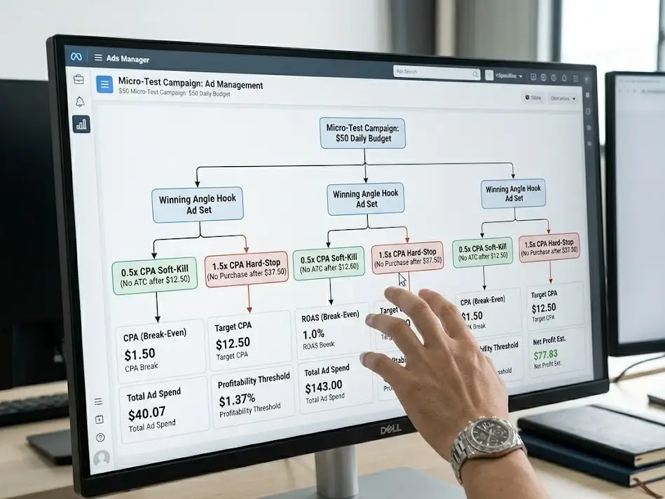 Un diagrama de flujo que ilustra el marco de pruebas dinámico del multiplicador CPA para dropshipping de alto ticket