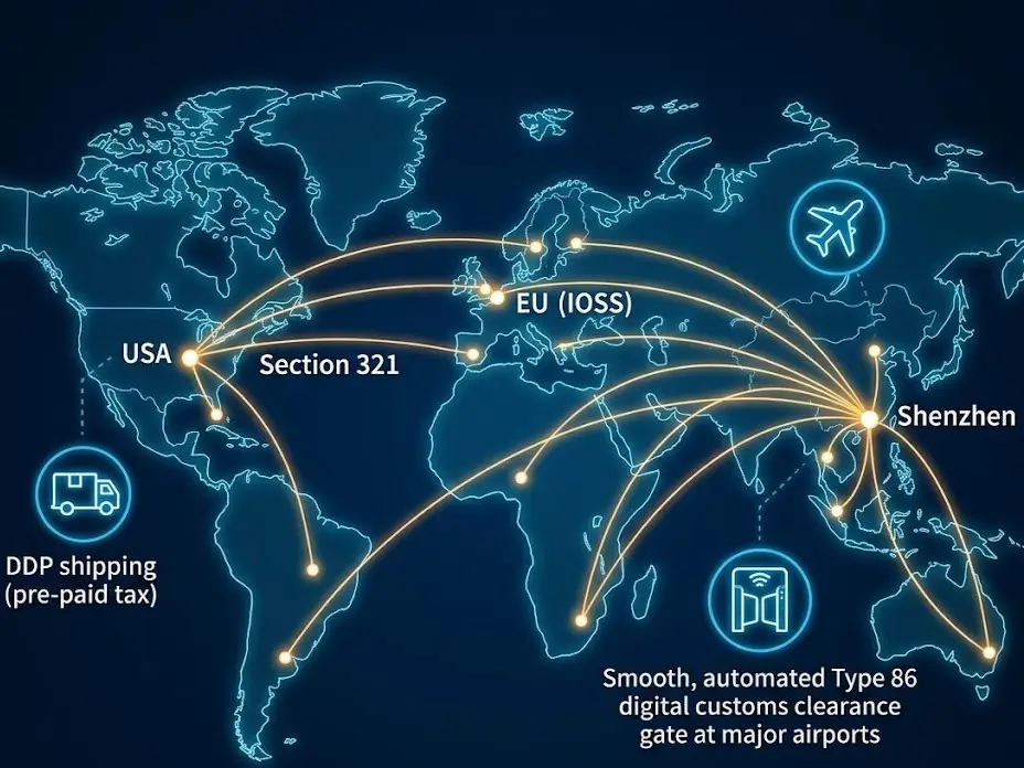 Red logística mundial que destaca el envío DDP, el despacho de tipo 86 y el cumplimiento de las normas aduaneras.