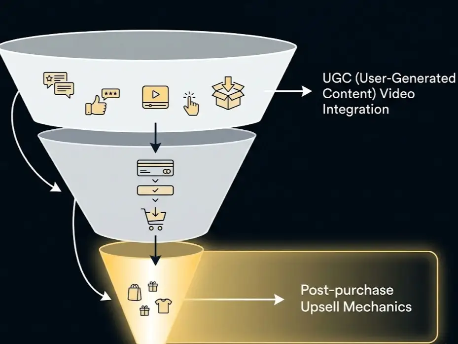 Embudo de conversión de comercio electrónico que muestra la integración del CGU y la mecánica de venta adicional posterior a la compra.