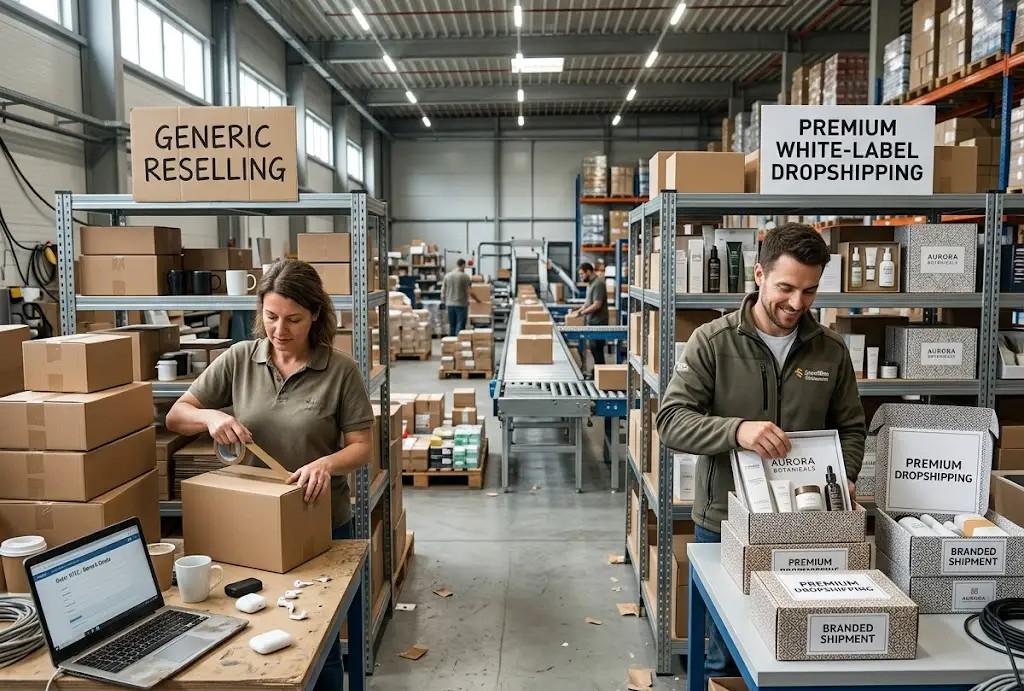 Diagramm, das die Entwicklung vom generischen Produktwiederverkauf zum hochwertigen White-Label-Dropshipping zeigt