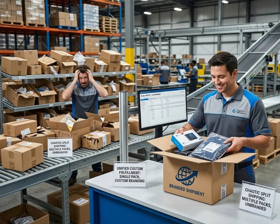 Vergleich zwischen chaotisch aufgeteilten Sendungen und einheitlicher Auftragsabwicklung