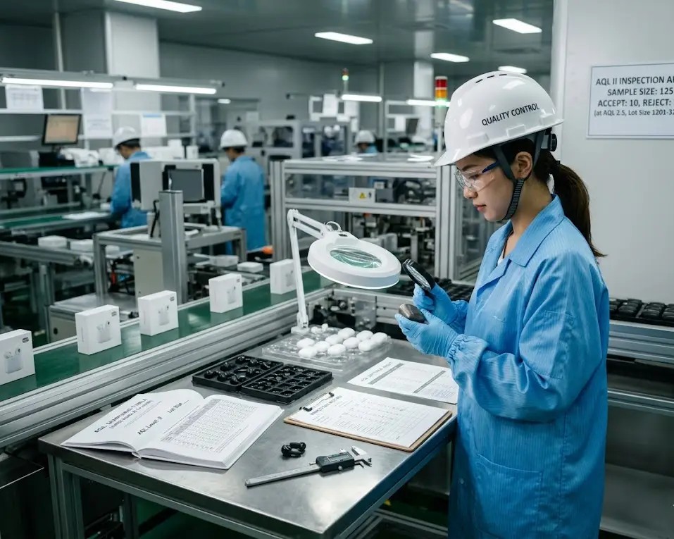 Ein professioneller Qualitätskontrolleur, der eine AQL-Level-II-Kontrolle in einer Fabrik durchführt