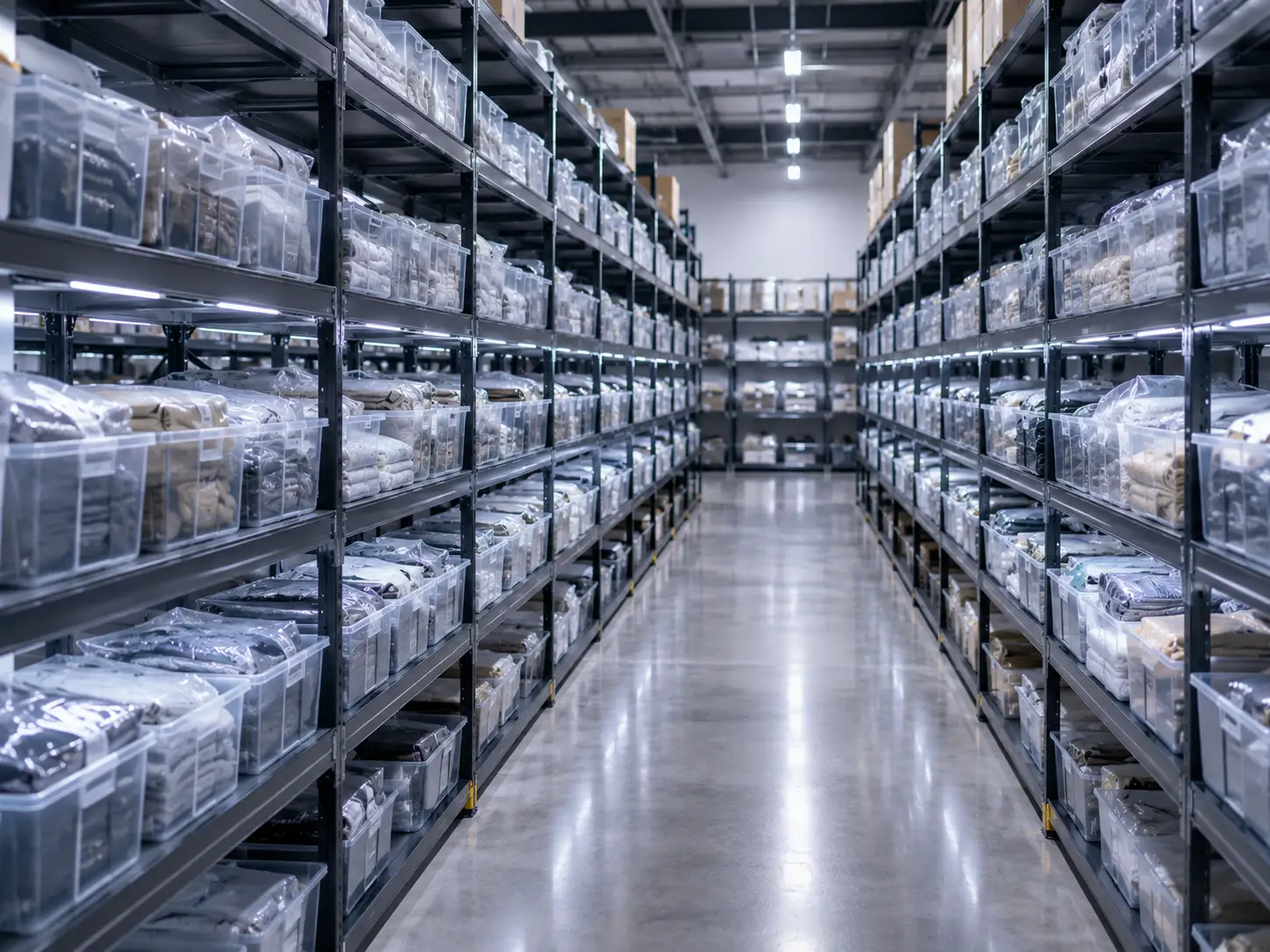 Modern e-commerce fulfillment warehouse for clothing and dropshipping operations