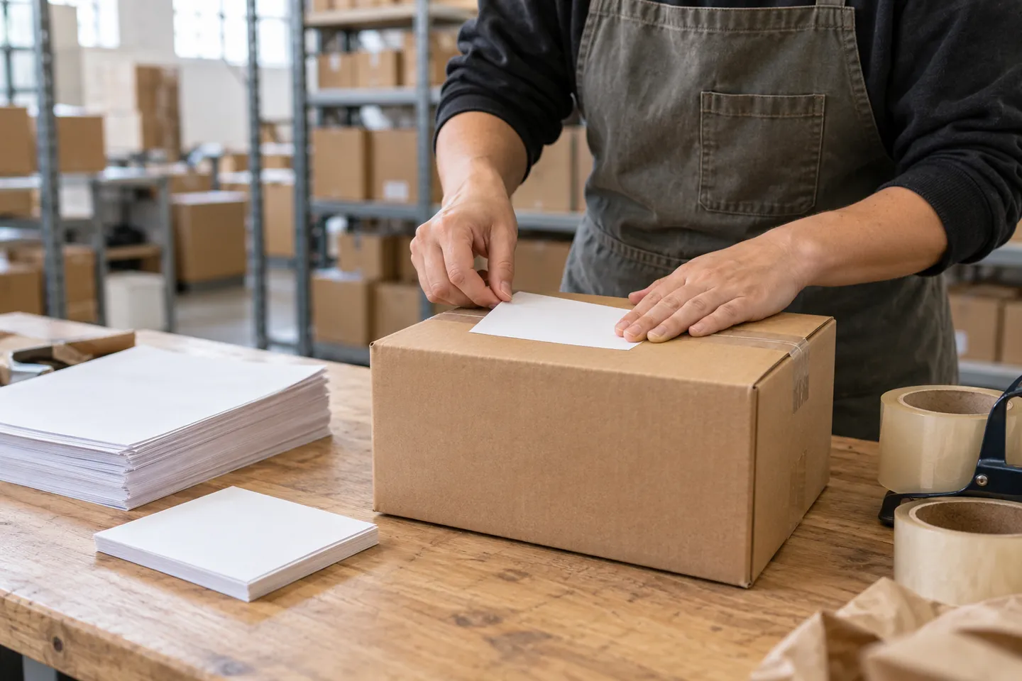 In einem Fulfillment-Lager klebt ein Mitarbeiter ein schlichtes Etikett auf einen markenlosen Karton neben leere Formulare – dies entspricht dem Verpackungsstandard, den die Amazon-Richtlinien für Dropshipping von konformen Amazon-Dropshipping-Verkäufern in Australien vorschreiben.