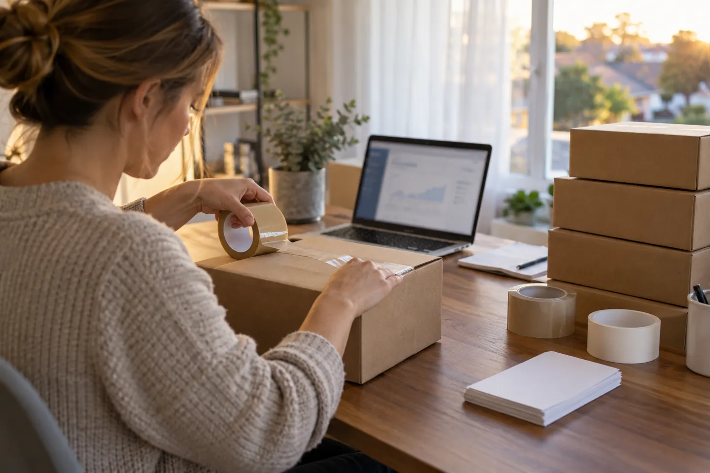 Ein australischer Verkäufer versiegelt am Schreibtisch neben einem Laptop, auf dessen Bildschirm ein unscharfes Verkaufs-Dashboard zu sehen ist, einen einfachen Versandkarton – die Realität im Kleinen hinter Amazon-Dropshipping in Australien und der „Seller-of-Record“-Regel.