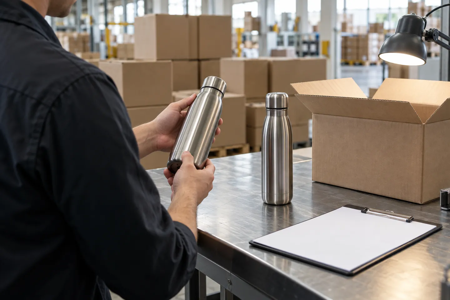 Ein Lagerprüfer vergleicht vor dem Versand eine fertige Edelstahlflasche mit dem genehmigten Muster neben einem geöffneten Karton – diese Waren-gegen-Muster-Prüfung muss jeder Amazon-Dropshipping-Fulfillment-Partner in Australien bestehen.