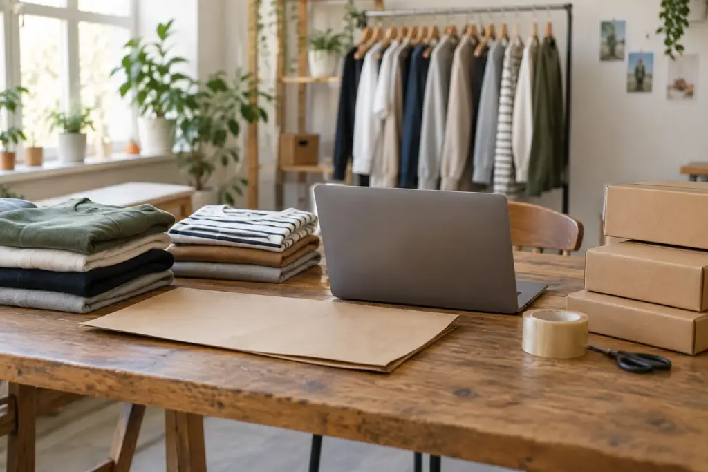 A small online clothing store packing workspace with folded garments, mailer boxes, and a clothing rack, the daily operation behind choosing the best clothing dropshipping suppliers.