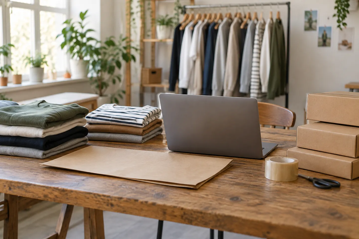 A small online clothing store packing workspace with folded garments, mailer boxes, and a clothing rack, the daily operation behind choosing the best clothing dropshipping suppliers.