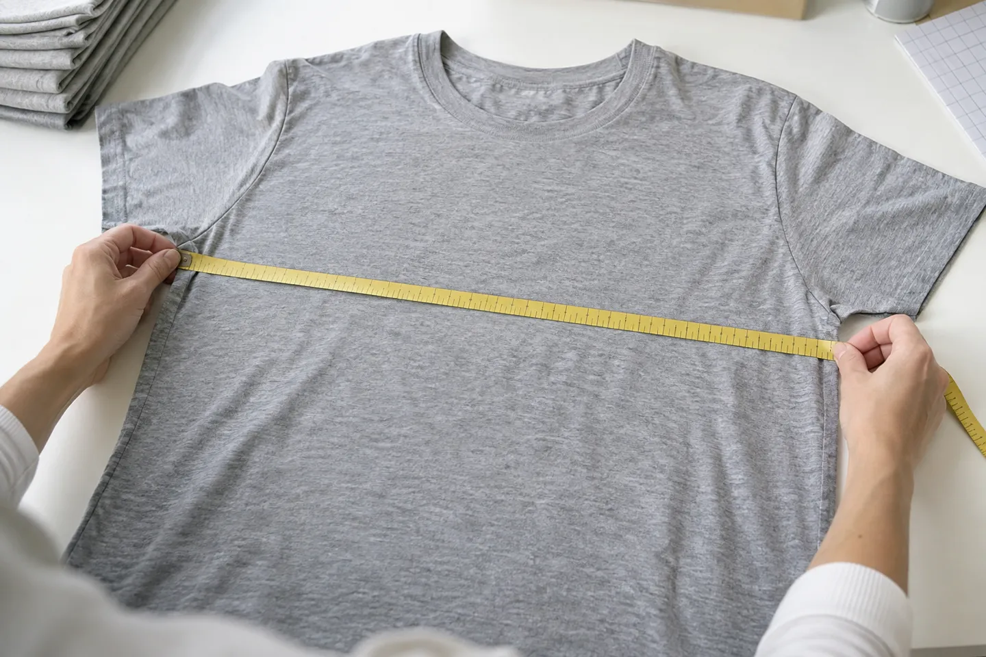 Hands measuring the chest width of a t-shirt laid flat with a yellow tailor tape, verifying real garment measurements per SKU before listing clothing from dropshipping suppliers.