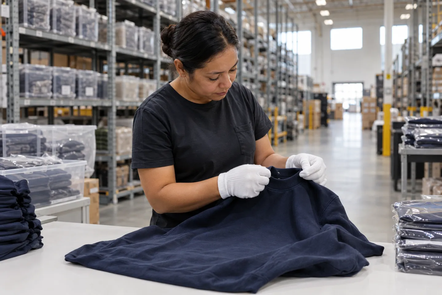 A gloved warehouse worker inspecting a navy sweatshirt at a quality-control table beside racks of dedicated apparel stock, how a stocking China agent dropshipping supplier intercepts quality faults.