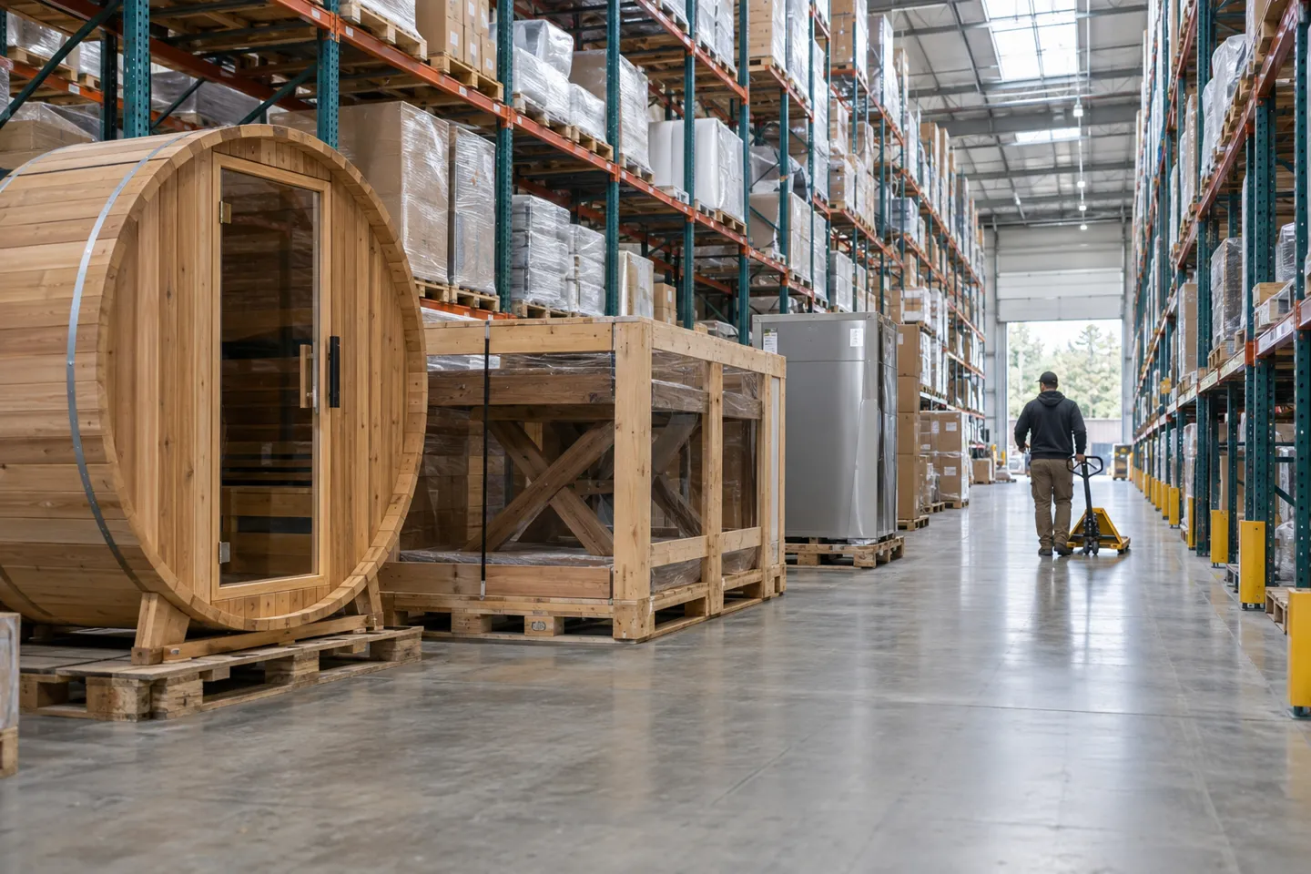 Warehouse aisle storing bulky high-ticket dropshipping products, including a wooden barrel sauna, crated solid-wood furniture, and a large boxed home appliance