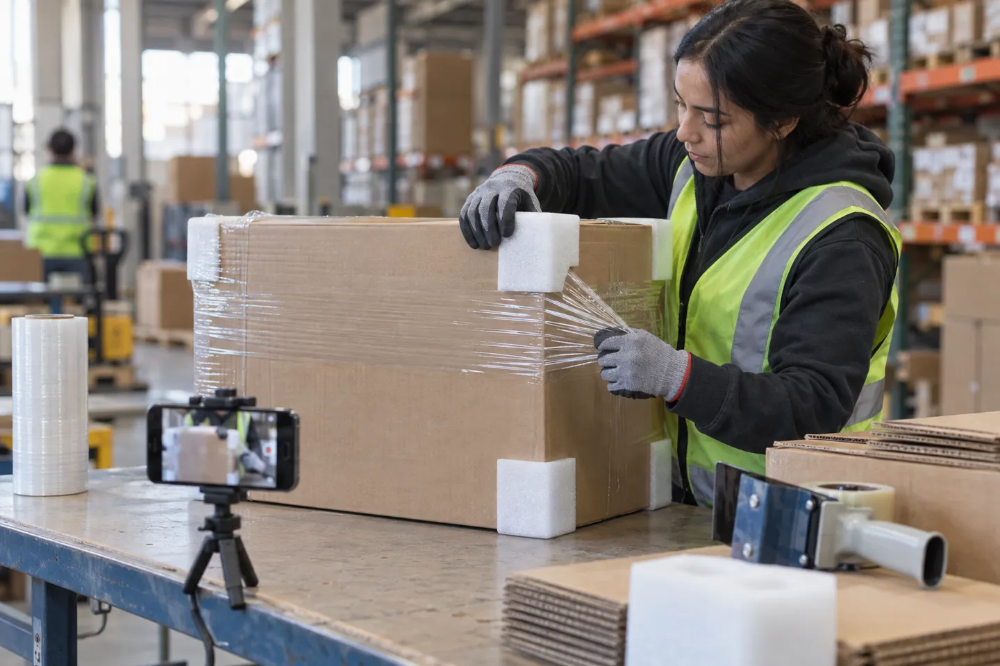 Warehouse worker fitting foam corner guards and stretch film around a large carton while a smartphone on a small tripod records the packing