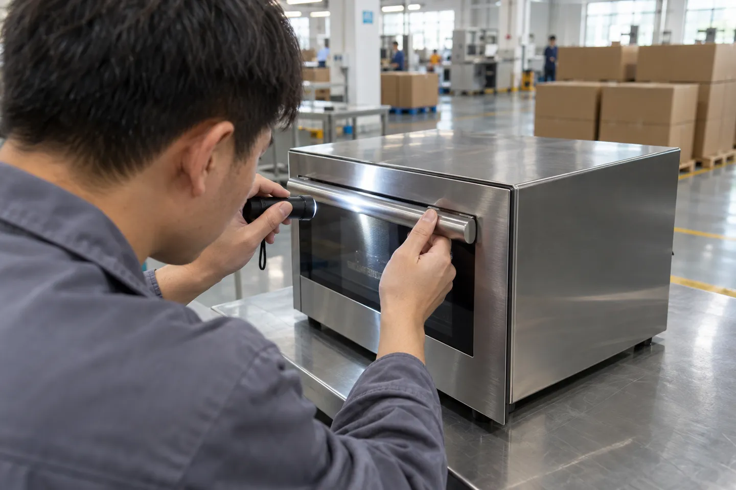 Quality-control inspector examining a stainless steel home appliance with a flashlight at a factory workbench before shipment