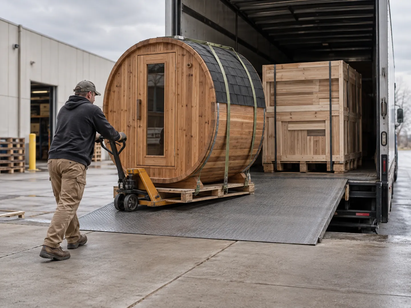 Dock worker guiding a strapped wooden barrel sauna on a pallet jack up a freight truck ramp loaded with crated solid-wood furniture