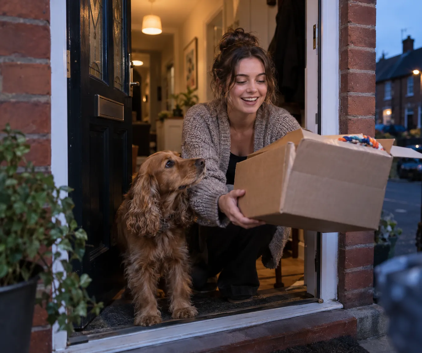 A customer receives a parcel of pet toys at her front door on a weeknight evening — the last mile that the best pet dropshipping suppliers are responsible for.