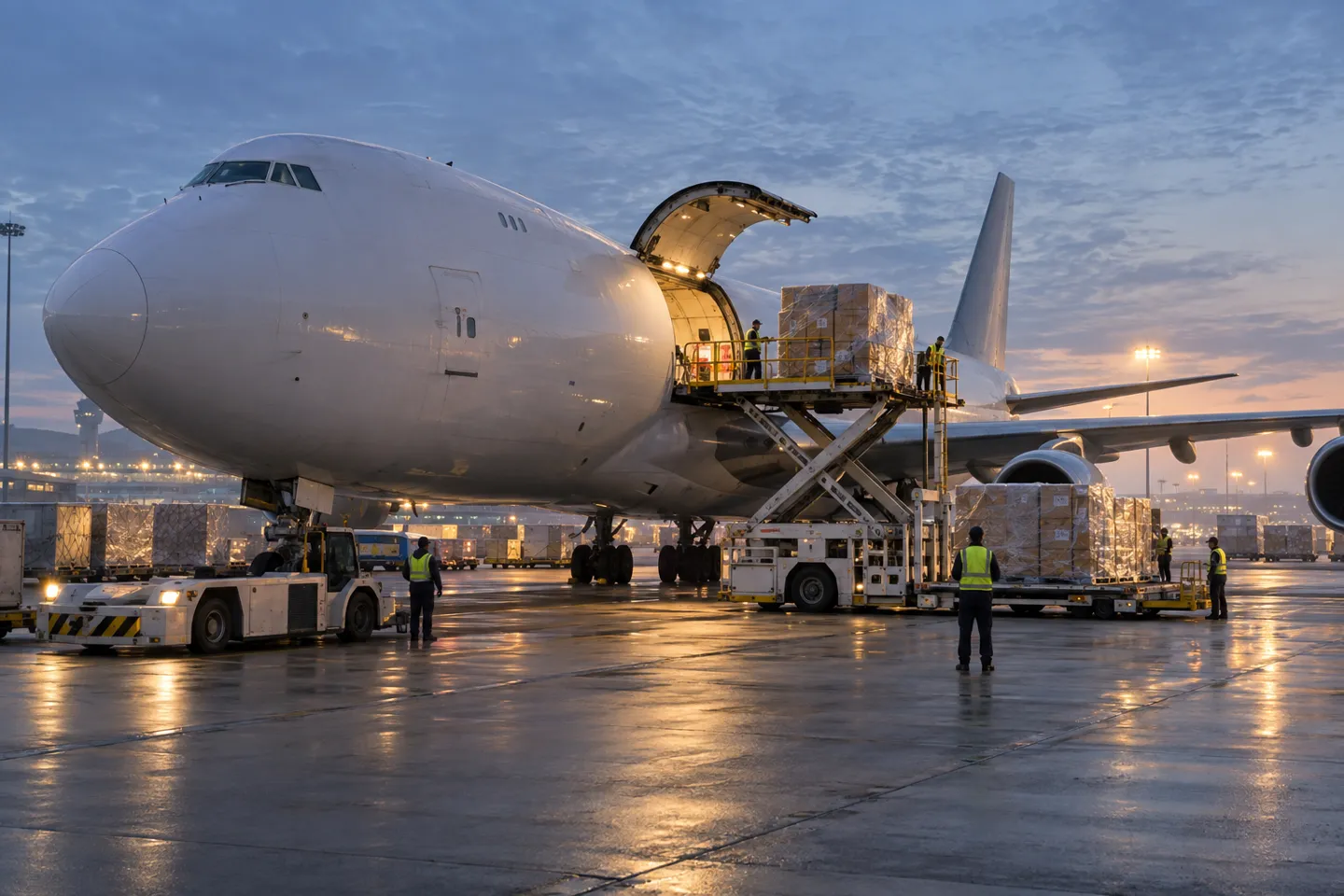 Pallets of parcels are loaded onto a cargo freighter at dawn for a dedicated Europe air lane — the route that brings pet dropshipping orders to UK doorsteps in 4 to 7 days.