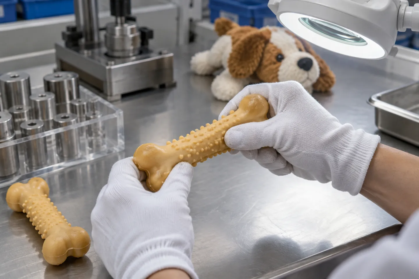 Gloved hands stress-test a rubber chew toy on a factory inspection bench — the category-level pet product QC to confirm before you commit to a dropshipping supplier.