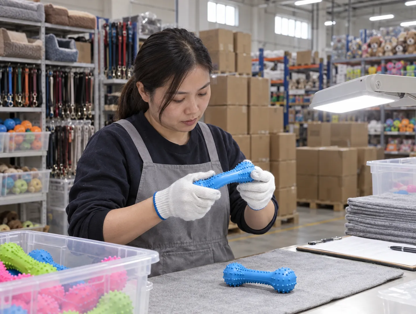 A quality inspector checks a rubber chew toy inside a Guangzhou warehouse, showing the reserved inventory and pre-shipment QC that define a direct-source pet dropshipping agent.