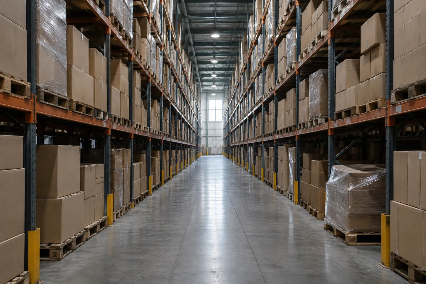 Une longue allée d'entrepôt bordée de hautes rayonnages remplis de stocks de cartons qui se vendent mal, où les frais de stockage mensuels grignotent discrètement la marge réalisée sur les produits les plus vendus sur Amazon.
