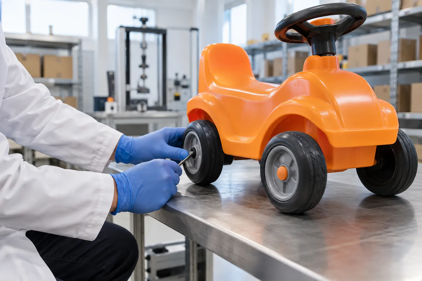 Un technicien de laboratoire, équipé de gants en nitrile bleus, teste le mécanisme de roulement d'un jouet à chevaucher en plastique pour enfants : une étape de certification spécifique à chaque référence qui se cache derrière de nombreuses idées de produits prometteuses sur Amazon.