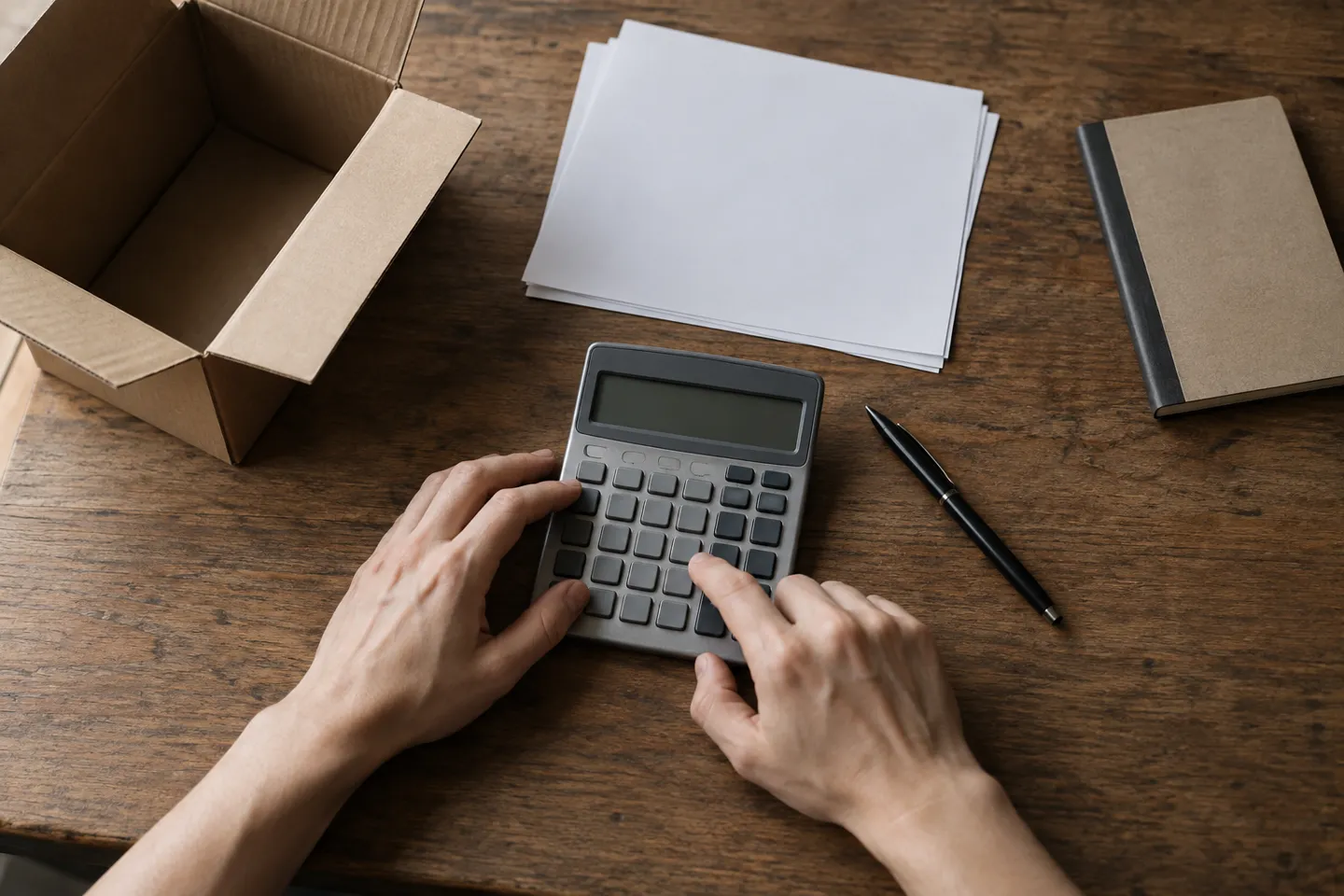 Un vendeur qui tape sur une calculatrice de bureau, à côté de documents vierges et d'un carton ouvert, vérifiant si les meilleurs produits à vendre sur Amazon restent rentables une fois tous les frais FBA pris en compte.