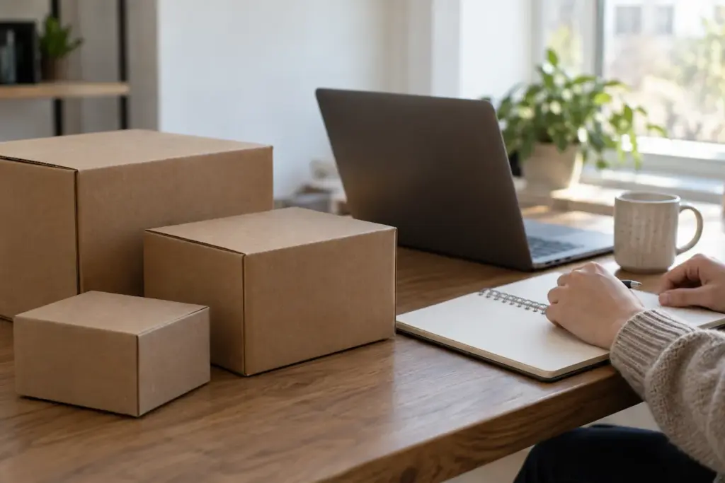 Un vendeur international passe en revue les meilleurs produits à vendre sur Amazon, assis à un bureau recouvert de boîtes d’échantillons neutres, d’un ordinateur portable et d’un cahier ouvert.