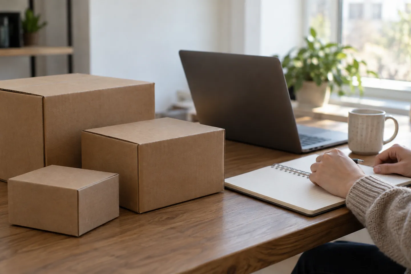 Un vendeur international passe en revue les meilleurs produits à vendre sur Amazon, assis à un bureau recouvert de boîtes d’échantillons neutres, d’un ordinateur portable et d’un cahier ouvert.