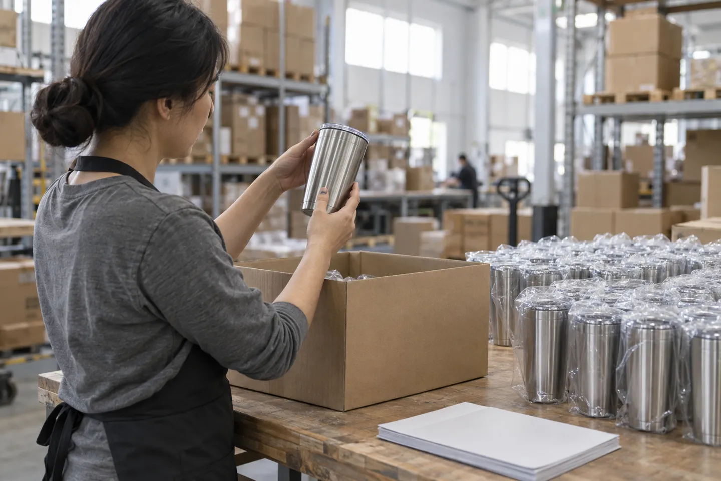 Un magasinier chez un fournisseur inspecte un à un les gobelets en acier inoxydable avant leur emballage : c'est cette étape de contrôle qualité avant expédition qui fait la différence entre les filières d'approvisionnement fiables pour les vendeurs Amazon.