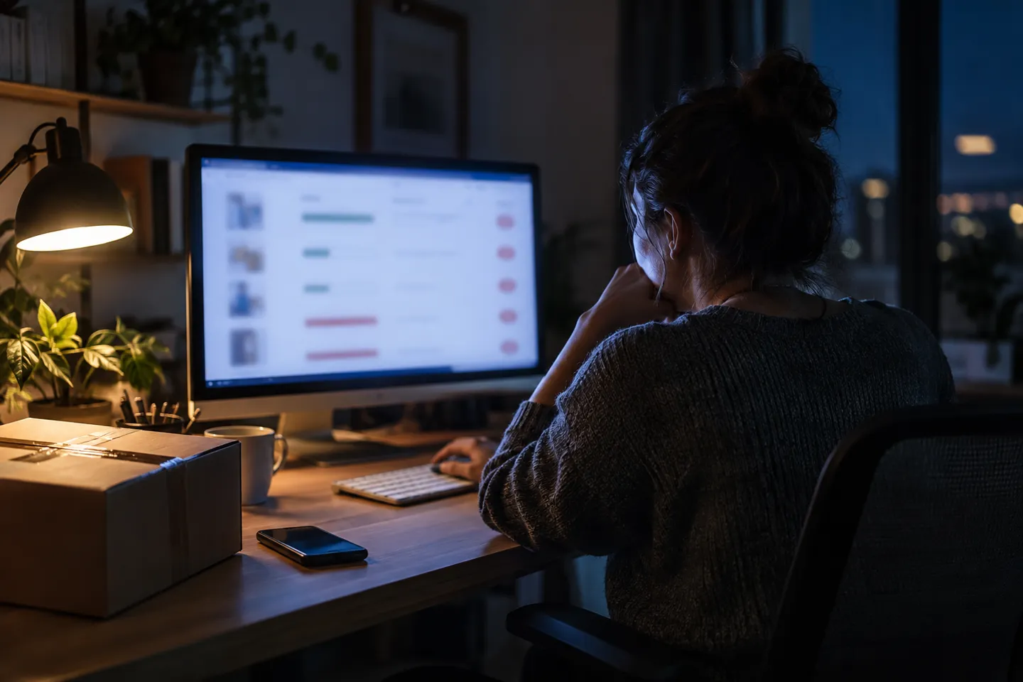 A store owner staring at an empty inventory dashboard late at night, the stockout scenario that makes choosing chinese dropshipping suppliers a control question rather than a price question