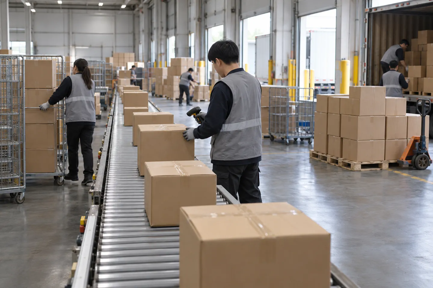 Warehouse staff consolidating scanned parcels on a conveyor inside a Chinese fulfillment center feeding 4 to 7 day express dropshipping lanes