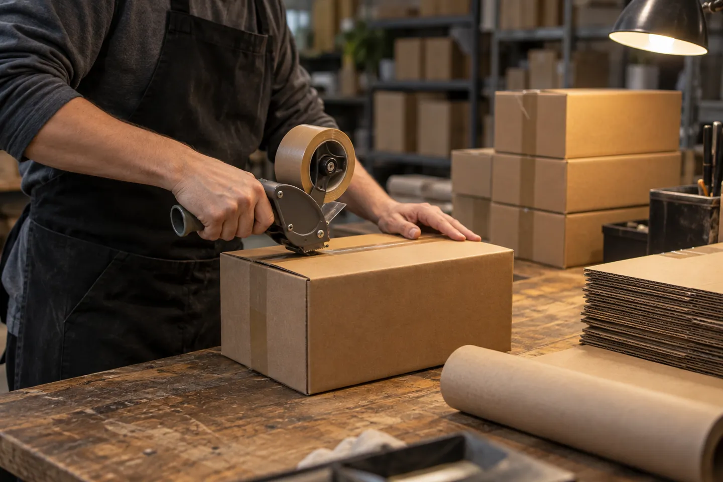 An operator sealing a carton with a tape gun at a packing bench during a scored pilot order with a chinese dropshipping supplier