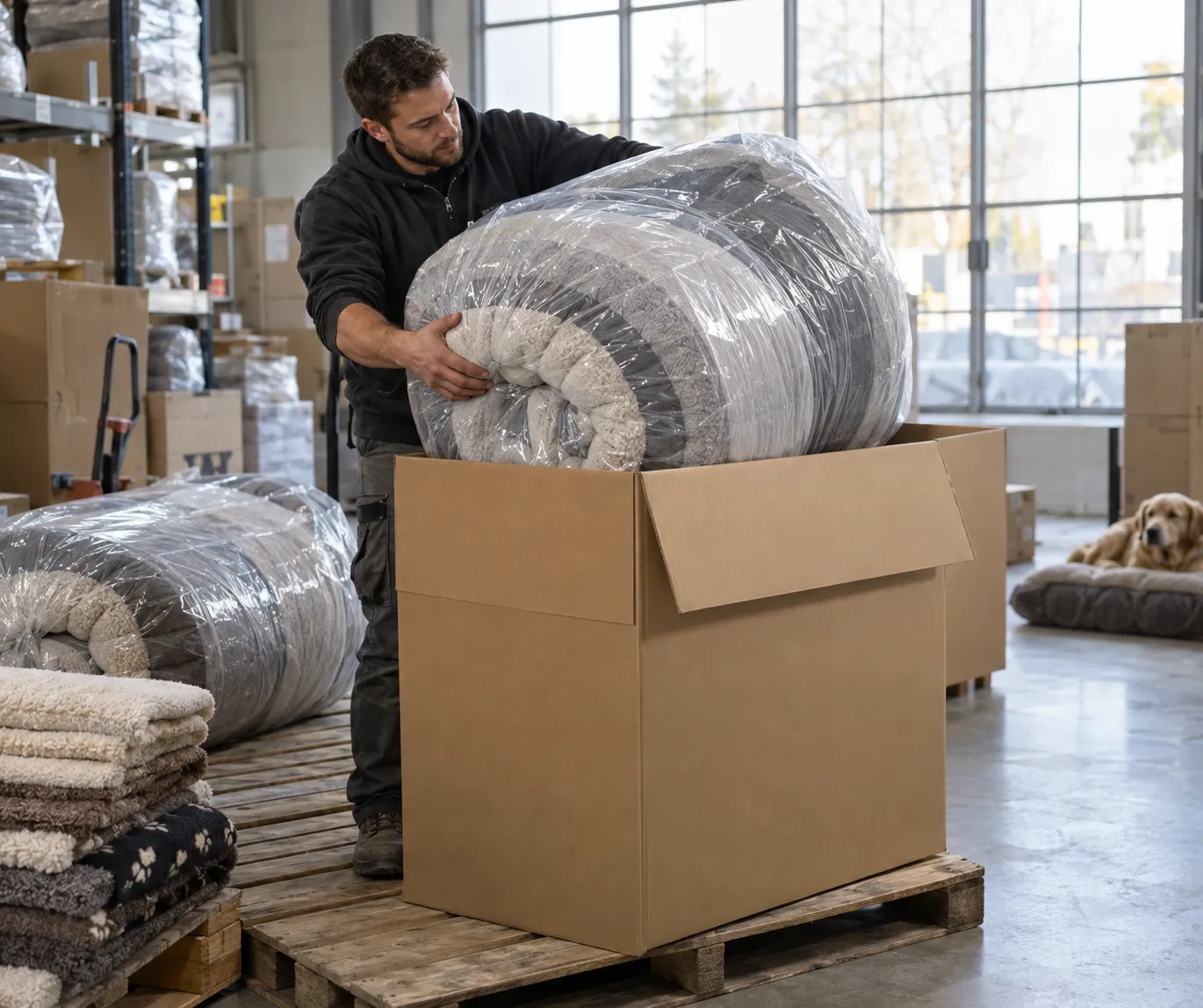 A compressed orthopedic dog bed loaded into an oversized shipping box on a warehouse pallet — bulky dropshipping dog products reward sellers whose supply chain can handle the weight.