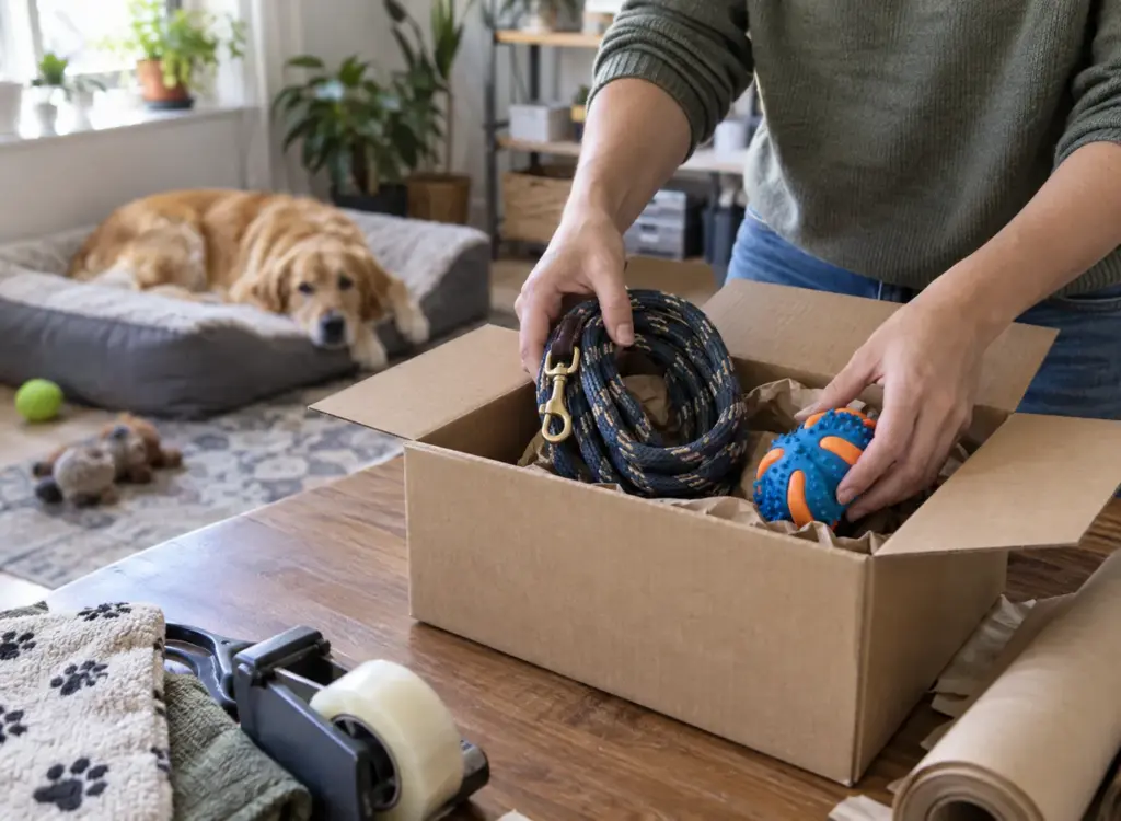 Un petit vendeur en ligne emballe des produits pour chiens en dropshipping — une laisse en corde et un jouet à mâcher en caoutchouc — dans un colis, tandis qu’un golden retriever attend sur un lit orthopédique.