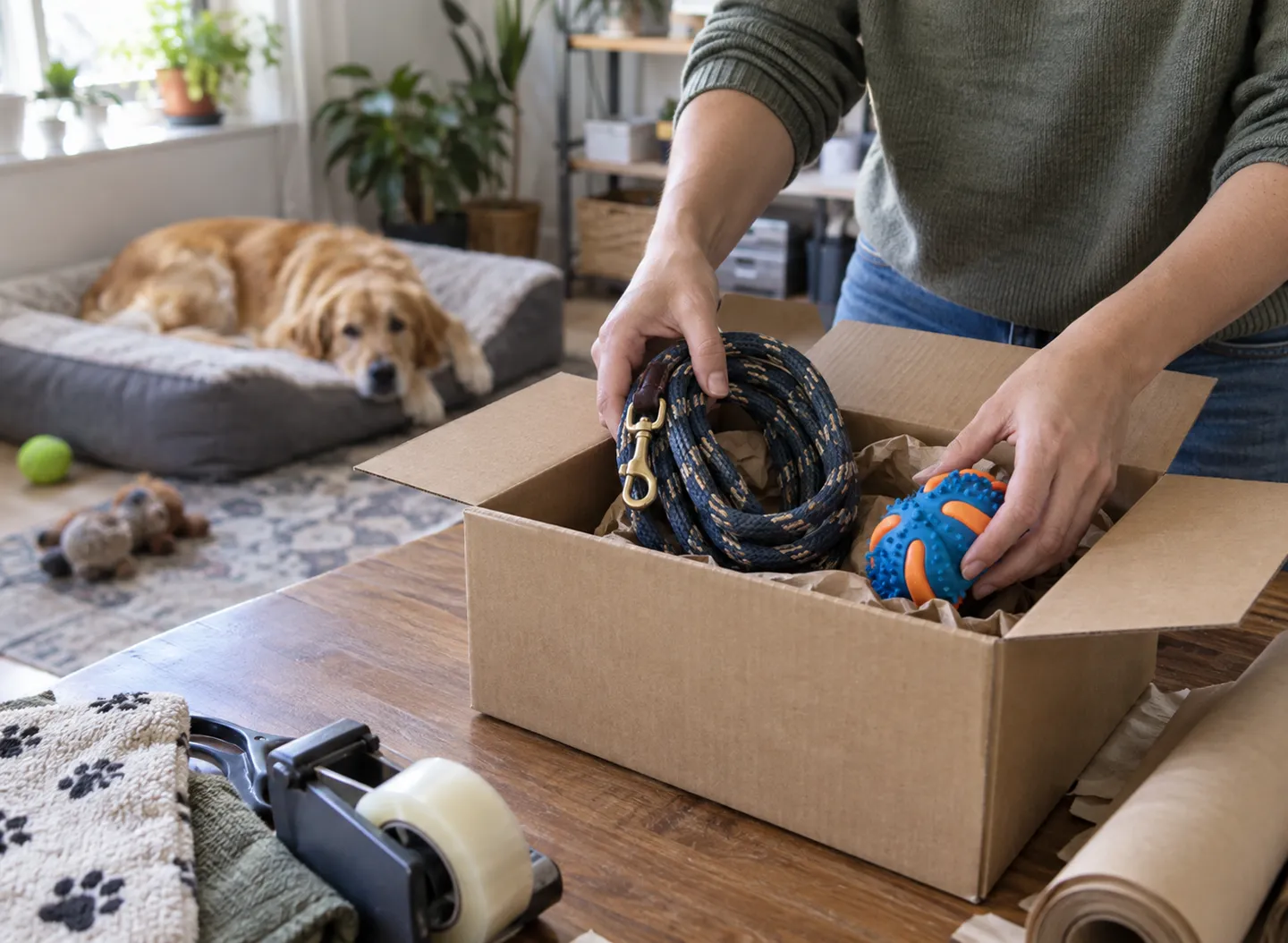 A small e-commerce seller packing dropshipping dog products — a rope leash and a rubber chew toy — into a shipping box while a golden retriever waits on an orthopedic bed.
