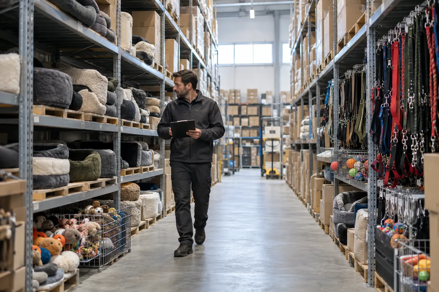 A fulfillment warehouse aisle stocked with dog beds, leashes, and toys — the shared pool, local warehouse, or dedicated stock sitting behind every dropshipping dog products order.