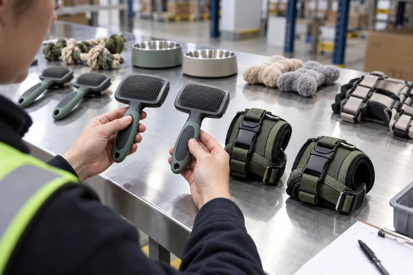Pre-ship quality inspection of dropshipping dog products: a worker compares grooming brushes against a sample beside packed harnesses on a warehouse workbench.
