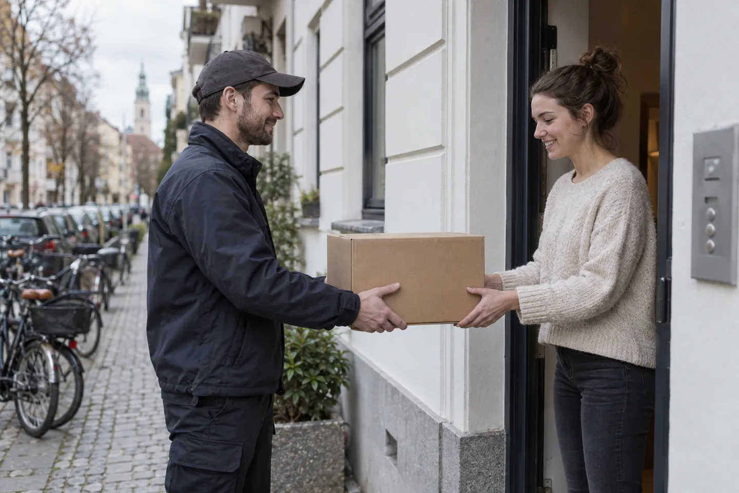 Un corriere consegna un pacco di cartone senza scritte a un cliente sulla soglia di un appartamento in una città tedesca: l’ultima tappa della catena logistica del dropshipping in Germania