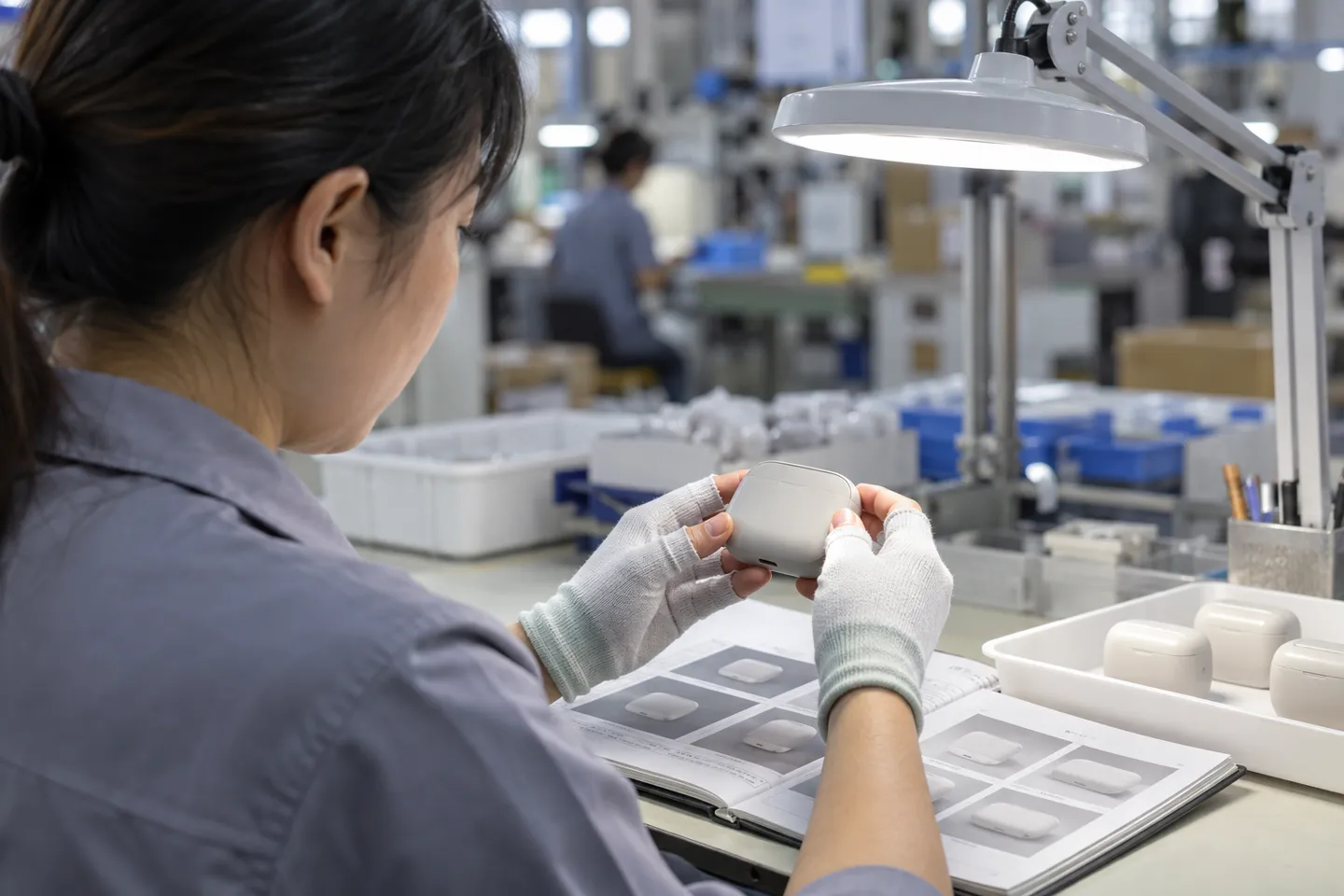 Un addetto al controllo qualità confronta un piccolo prodotto di consumo con delle foto di riferimento stampate su un banco di lavoro ben illuminato: si tratta della fase di ispezione che ogni ordine in dropshipping dalla Cina alla Germania deve superare prima della spedizione