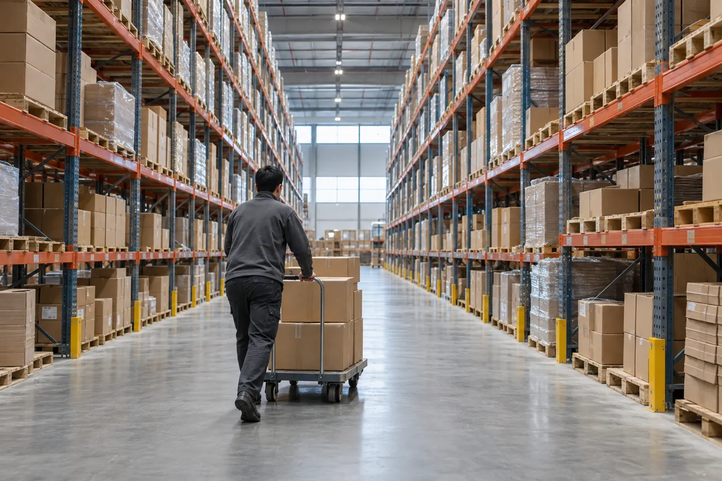 Un addetto al magazzino sposta pacchi di cartone tra le alte scaffalature di un magazzino di evasione ordini per l’e-commerce transfrontaliero: la realtà concreta che sta dietro a ogni modello di fornitura in dropshipping dalla Germania