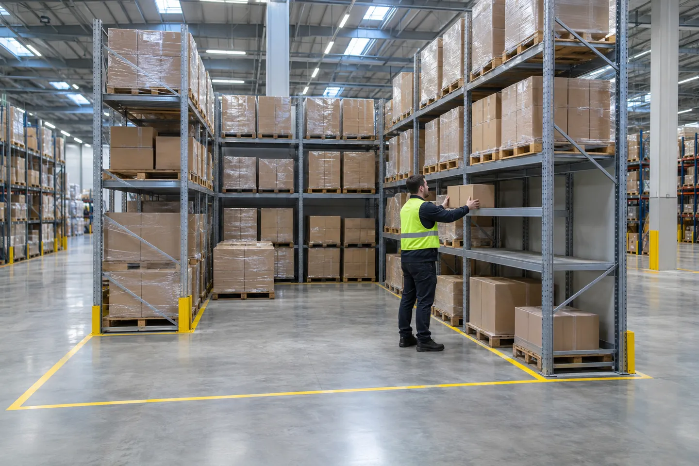 In un magazzino logistico, gli spazi di stoccaggio dedicati, contrassegnati sul pavimento, ospitano le scatole di merce riservate a un venditore: questa configurazione di magazzino dedicata garantisce che una linea di dropshipping tedesca sia sempre pronta per la spedizione