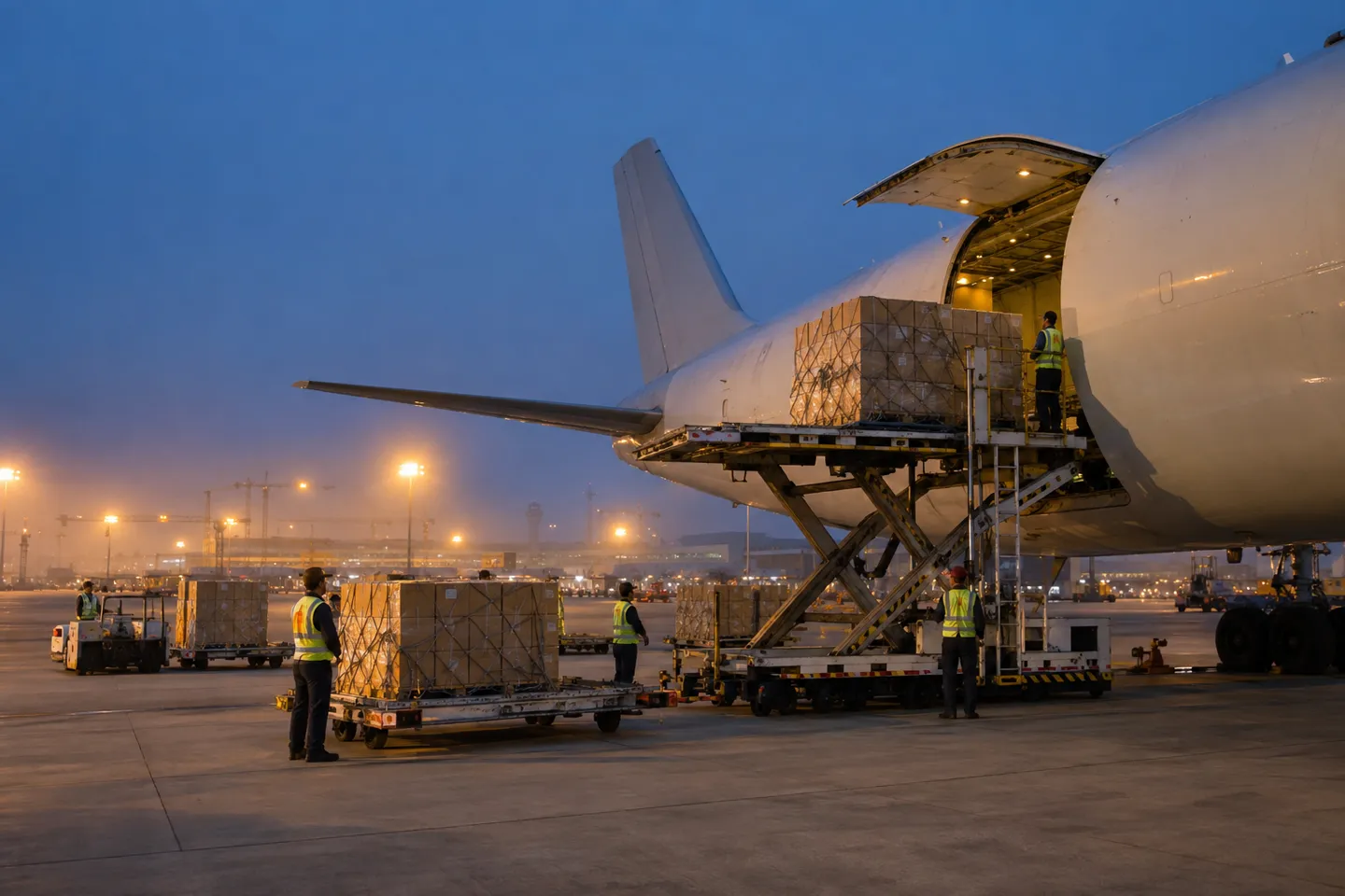 À l'aube, dans un aéroport du sud de la Chine, le personnel au sol charge des colis palettisés à bord d'un avion-cargo à fuselage large : il s'agit de la première étape du corridor de dropshipping reliant la Chine à la France.