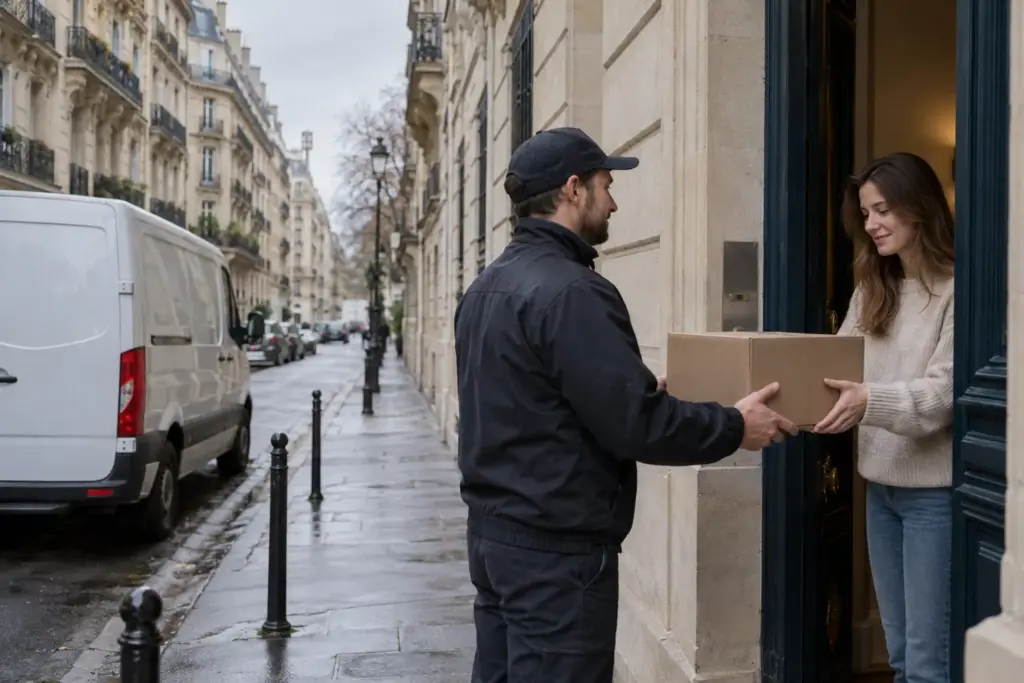 A courier handing a parcel to a customer at a Parisian apartment door, the doorstep moment every dropshipping in France fulfillment chain has to get right.