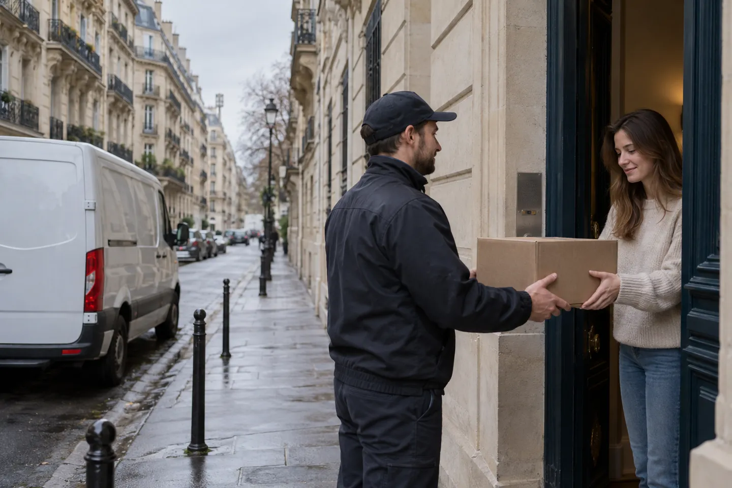 Un livreur remettant un colis à un client devant la porte d'un appartement parisien : ce moment décisif que toute chaîne logistique de dropshipping en France se doit de réussir.