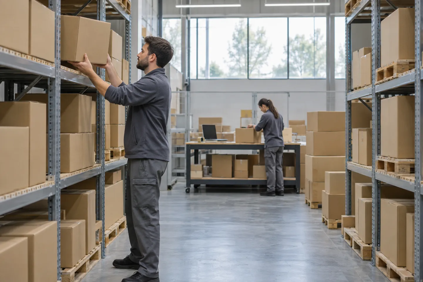 Des employés chargés de la préparation et de l'emballage de cartons neutres au sein d'un entrepôt européen de logistique, le type d'activité qui sous-tend les boutiques en ligne pratiquant le dropshipping à destination de la France, avec des délais de livraison de deux à cinq jours.