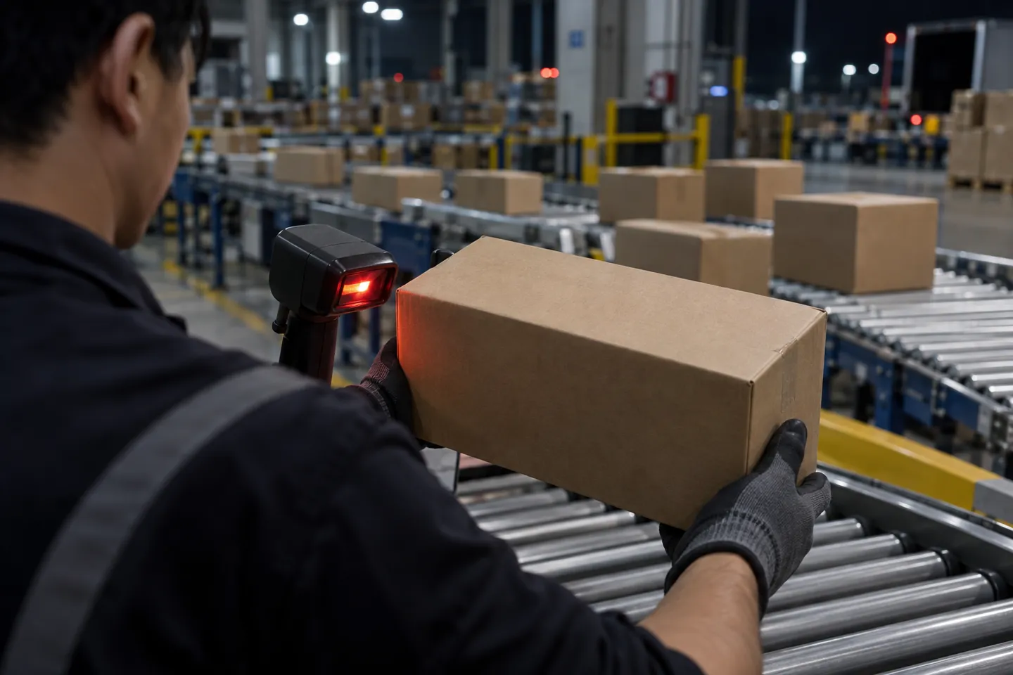 Un employé, équipé de gants, scanne un colis en carton ordinaire dans un centre de tri transfrontalier : ce contrôle, effectué pour chaque colis, détermine si une commande à destination de la France passera sans encombre les formalités douanières.