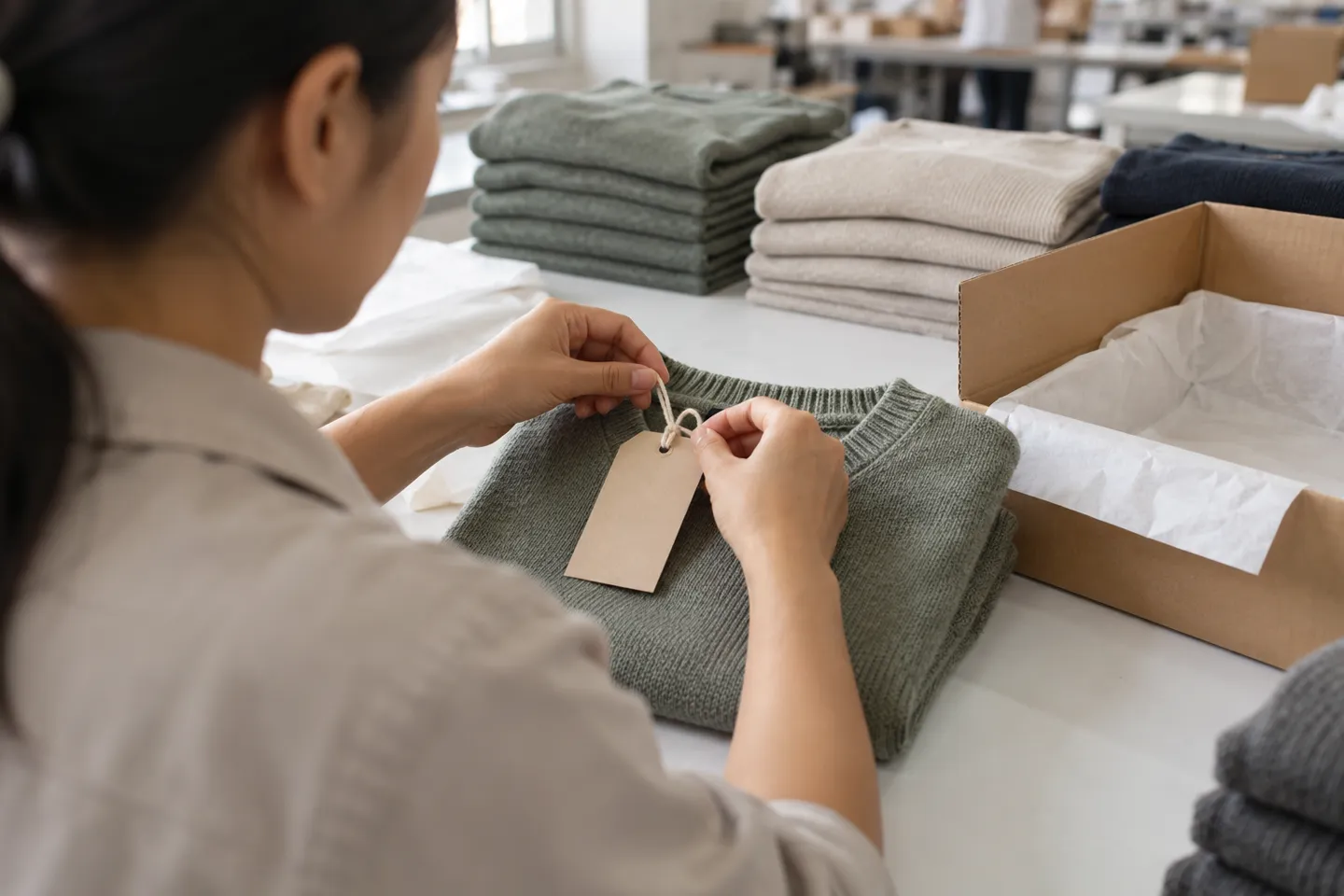 Ein Mitarbeiter befestigt an einem Qualitätskontrolltisch ein unbedrucktes Etikett aus Kraftpapier an einem gefalteten Strickpullover – dies ist der Schritt der Kennzeichnung und Prüfung auf einer speziellen Dropshipping-Produktionslinie für bestimmte Artikel.