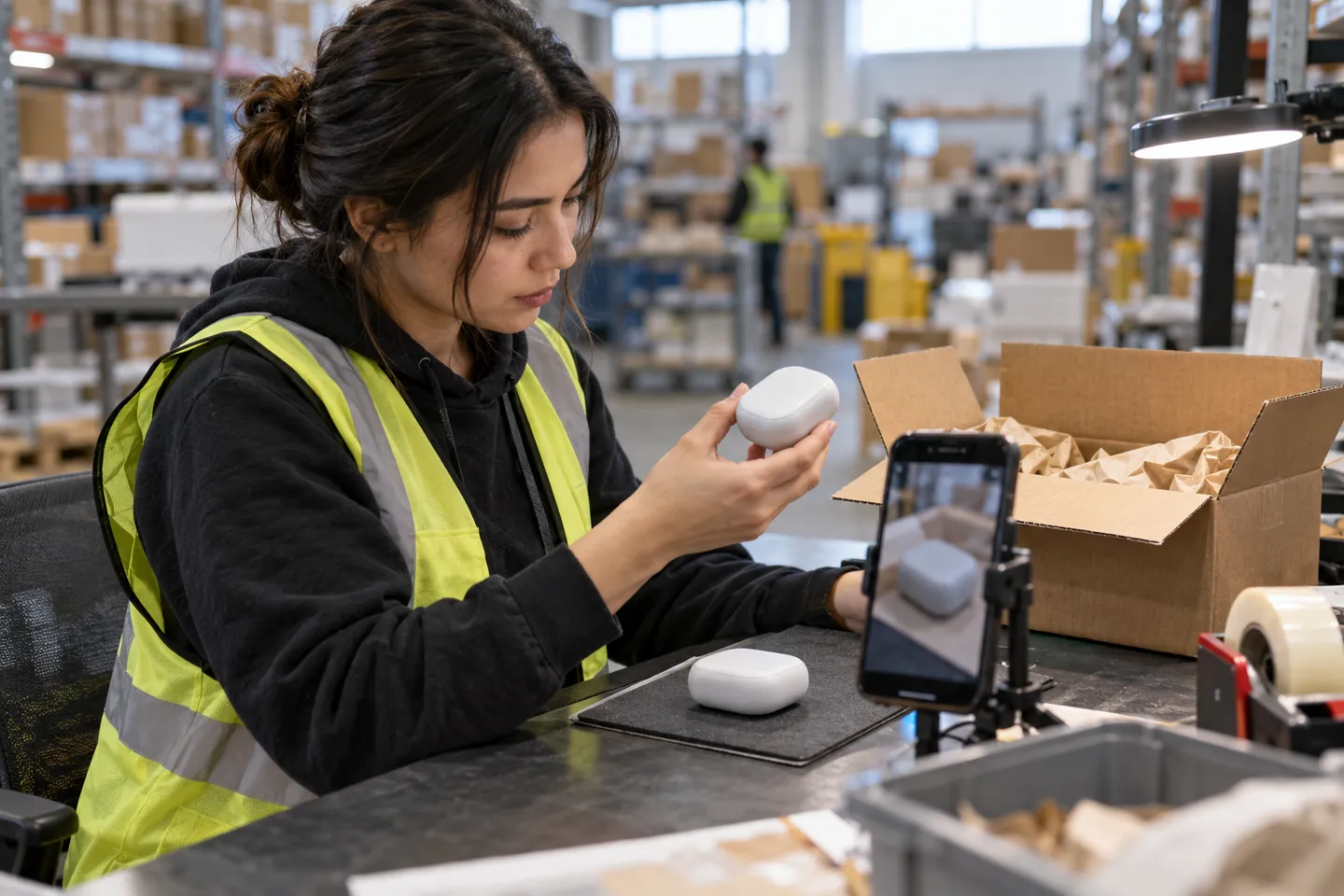 Ein Mitarbeiter prüft und verpackt Bestellungen an einem Arbeitsplatz in einem Fulfillment-Lager, hinter dem sich Regale befinden – die konkrete Realität der Lieferketten hinter dem Dropshipping nach Italien